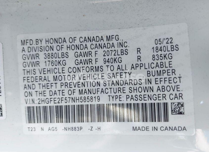 Photo 9 of 2022 Honda Civic SPORT (VIN 2HGFE2F57NH585819)