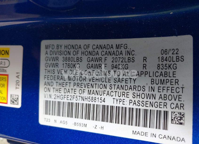 Photo 9 of 2022 Honda Civic SPORT (VIN 2HGFE2F57NH588154)