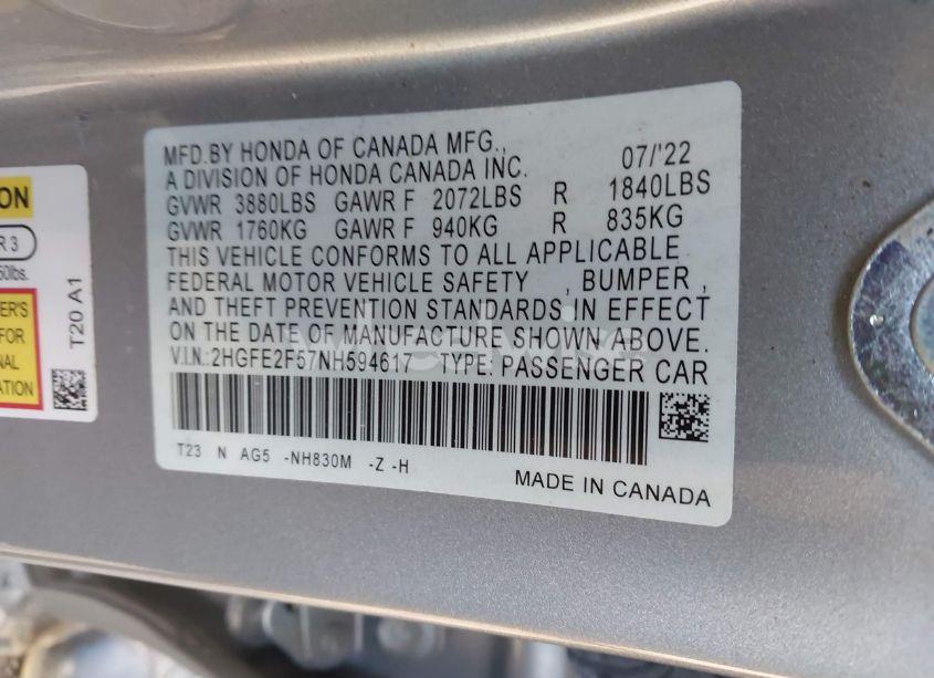 Photo 9 of 2022 Honda Civic SPORT (VIN 2HGFE2F57NH594617)