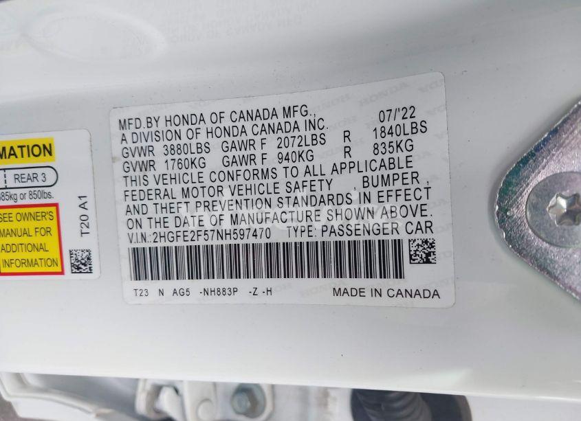 Photo 9 of 2022 Honda Civic SPORT (VIN 2HGFE2F57NH597470)