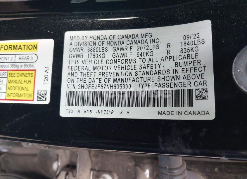 Photo 9 of 2022 Honda Civic SPORT (VIN 2HGFE2F57NH605390)