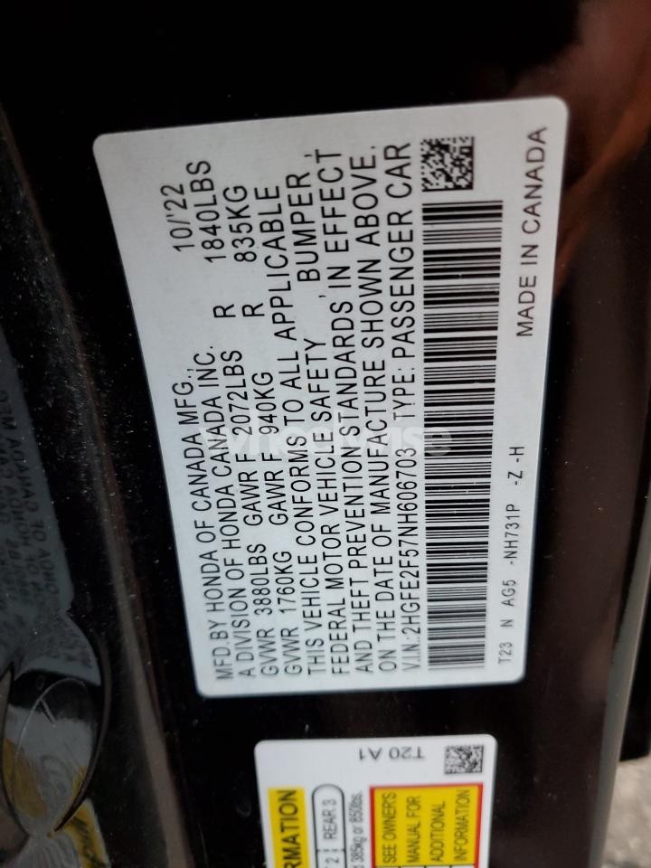 Photo 12 of 2022 HONDA CIVIC SPORT (VIN 2HGFE2F57NH606703)