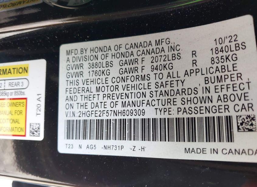 Photo 9 of 2022 Honda Civic SPORT (VIN 2HGFE2F57NH609309)
