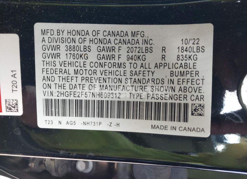 Photo 9 of 2022 Honda Civic SPORT (VIN 2HGFE2F57NH609312)