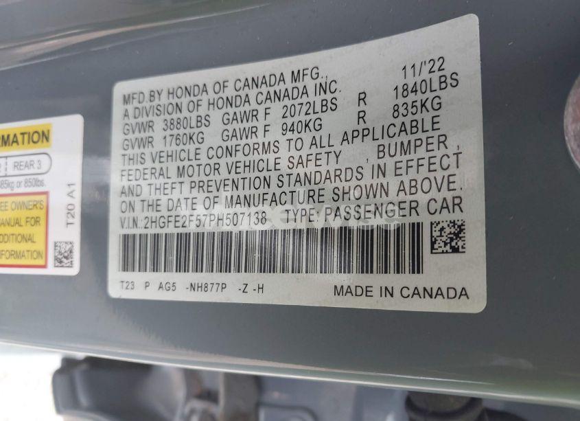 Photo 9 of 2023 Honda Civic SPORT (VIN 2HGFE2F57PH507138)