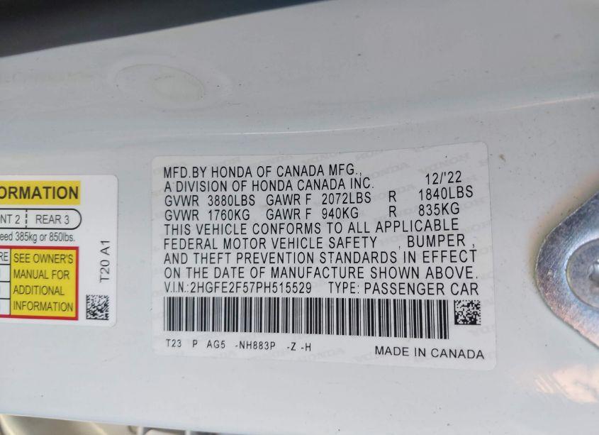 Photo 9 of 2023 Honda Civic SPORT (VIN 2HGFE2F57PH515529)