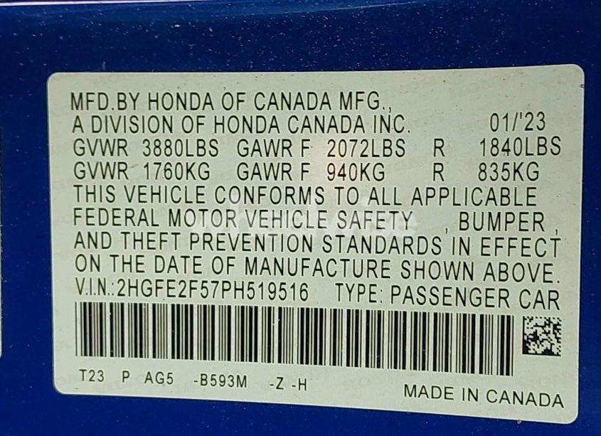 Photo 9 of 2023 Honda Civic SPORT (VIN 2HGFE2F57PH519516)