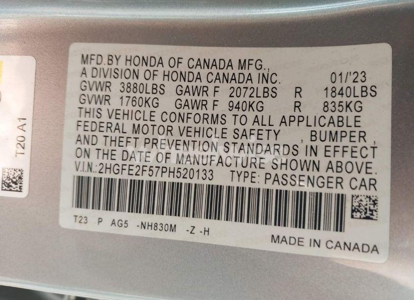 Photo 9 of 2023 Honda Civic SPORT (VIN 2HGFE2F57PH520133)