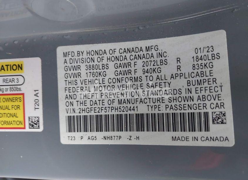 Photo 9 of 2023 Honda Civic SPORT (VIN 2HGFE2F57PH520441)