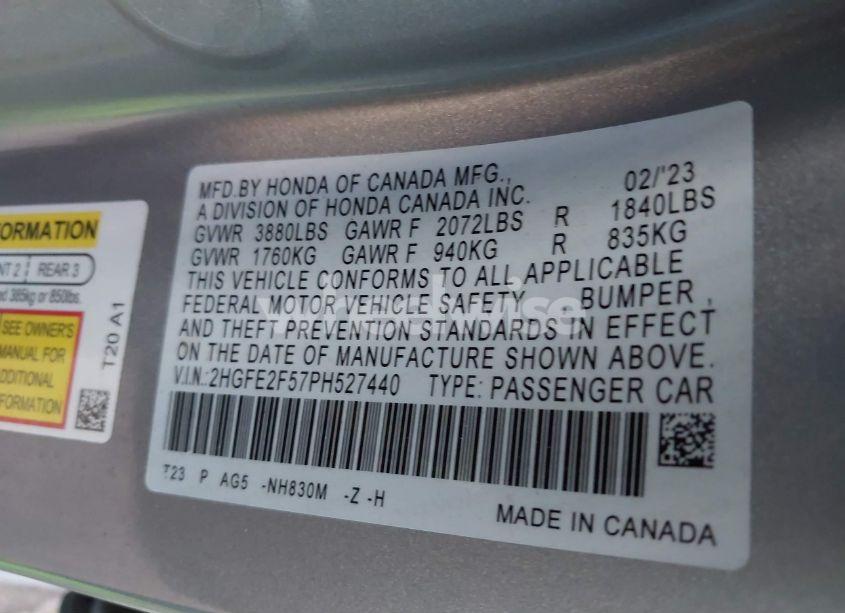 Photo 9 of 2023 Honda Civic SPORT (VIN 2HGFE2F57PH527440)