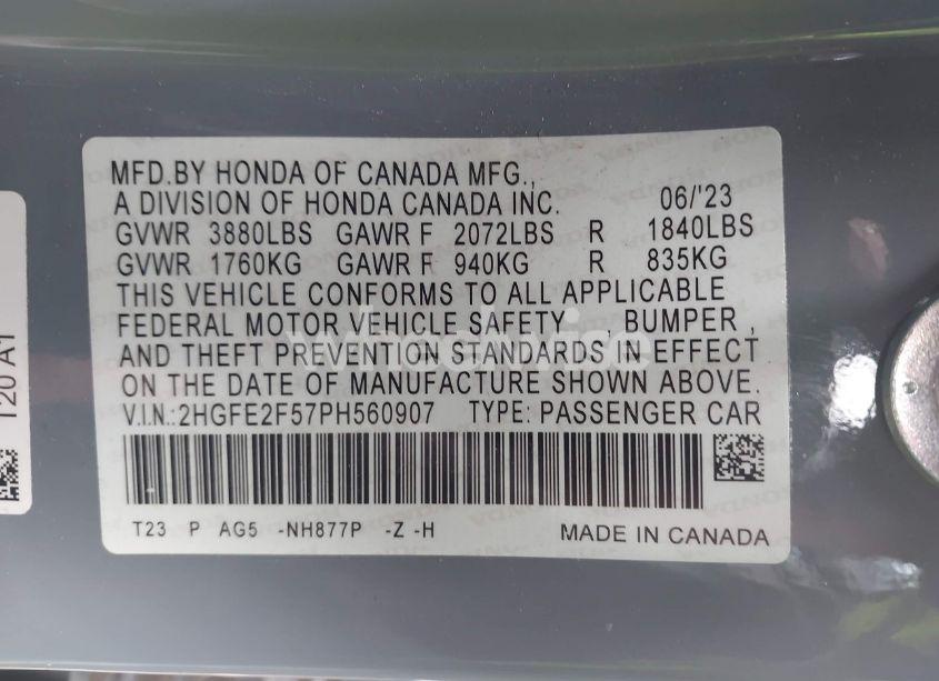 Photo 9 of 2023 Honda Civic SPORT (VIN 2HGFE2F57PH560907)