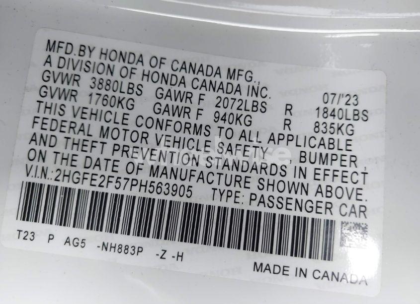 Photo 9 of 2023 Honda Civic SPORT (VIN 2HGFE2F57PH563905)