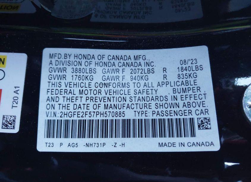 Photo 9 of 2023 Honda Civic SPORT (VIN 2HGFE2F57PH570885)