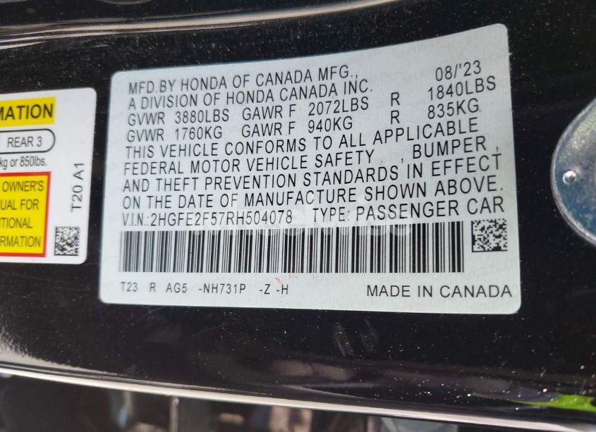 Photo 9 of 2024 Honda Civic SPORT (VIN 2HGFE2F57RH504078)