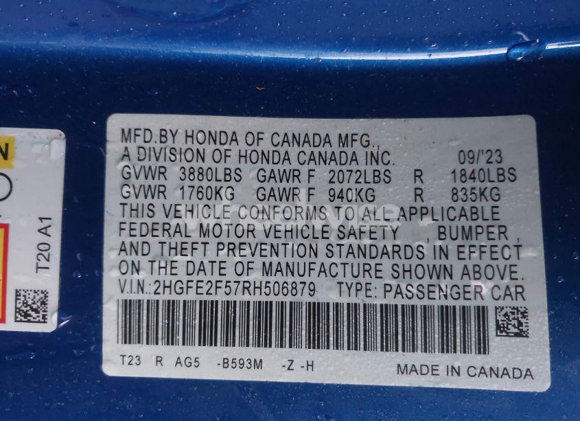 Photo 9 of 2024 Honda Civic SPORT (VIN 2HGFE2F57RH506879)