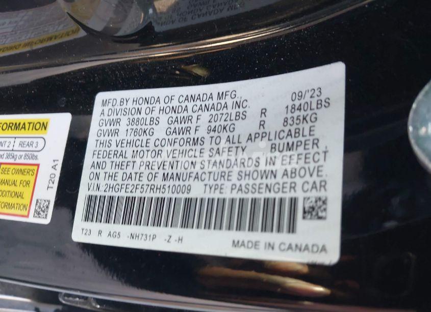 Photo 9 of 2024 Honda Civic SPORT (VIN 2HGFE2F57RH510009)