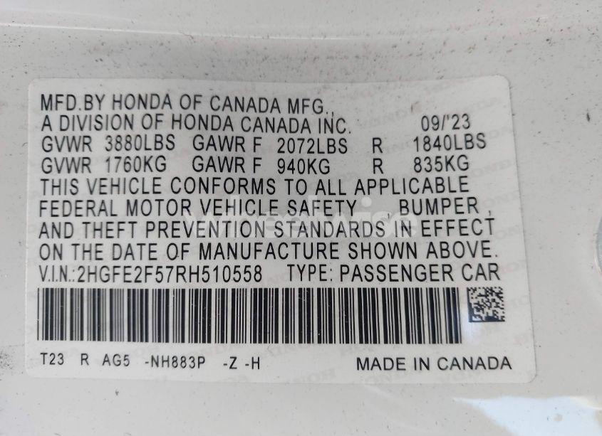 Photo 9 of 2024 Honda Civic SPORT (VIN 2HGFE2F57RH510558)