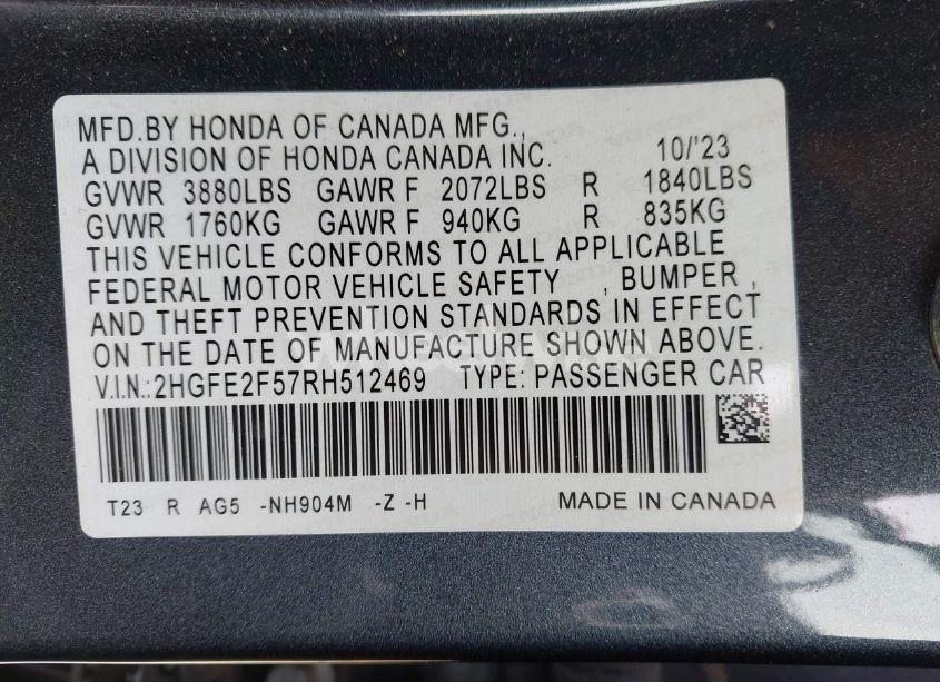 Photo 9 of 2024 Honda Civic SPORT (VIN 2HGFE2F57RH512469)
