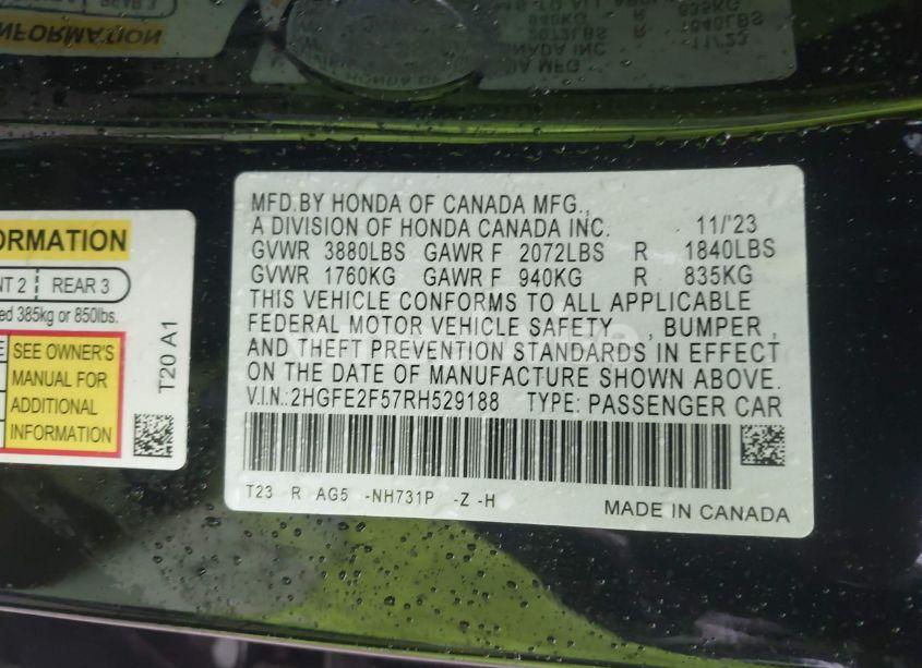 Photo 9 of 2024 Honda Civic SPORT (VIN 2HGFE2F57RH529188)