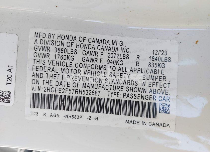 Photo 9 of 2024 Honda Civic SPORT (VIN 2HGFE2F57RH532687)