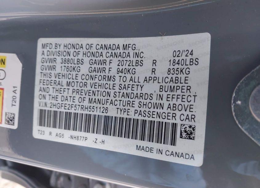 Photo 9 of 2024 Honda Civic SPORT (VIN 2HGFE2F57RH551126)