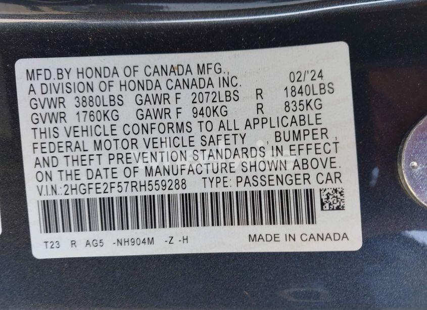 Photo 9 of 2024 Honda Civic SPORT (VIN 2HGFE2F57RH559288)