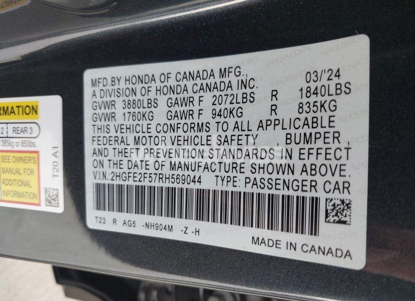 Photo 9 of 2024 Honda Civic SPORT (VIN 2HGFE2F57RH569044)