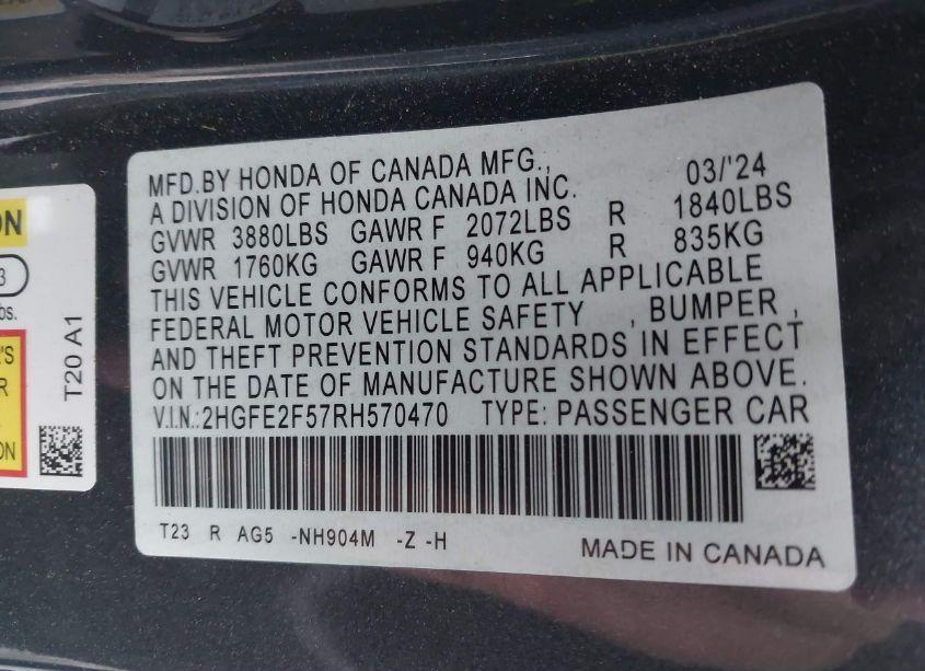 Photo 9 of 2024 Honda Civic SPORT (VIN 2HGFE2F57RH570470)