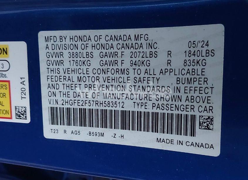 Photo 9 of 2024 Honda Civic SPORT (VIN 2HGFE2F57RH583512)