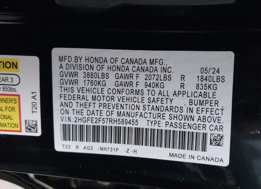 Photo 9 of 2024 Honda Civic SPORT (VIN 2HGFE2F57RH589455)