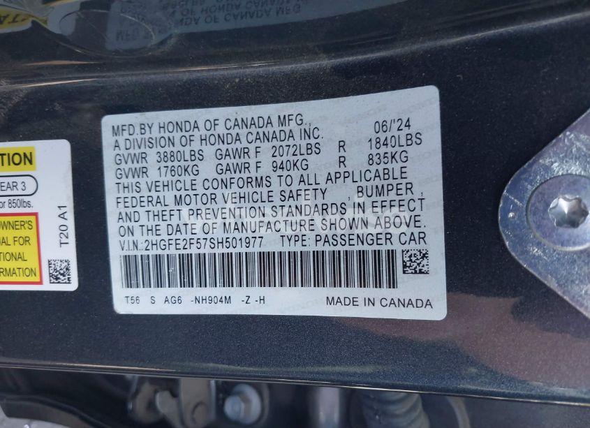 Photo 9 of 2025 Honda Civic SPORT (VIN 2HGFE2F57SH501977)