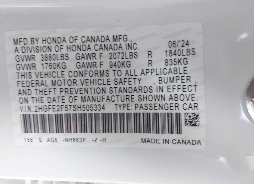 Photo 9 of 2025 Honda Civic SPORT (VIN 2HGFE2F57SH505334)