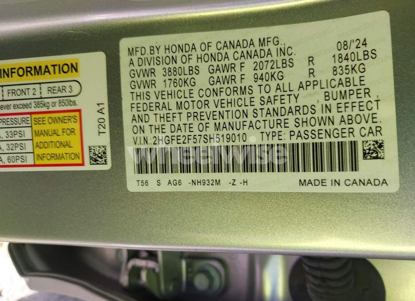 Photo 9 of 2025 Honda Civic SPORT (VIN 2HGFE2F57SH519010)