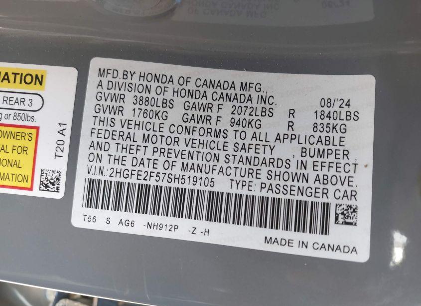 Photo 9 of 2025 Honda Civic SPORT (VIN 2HGFE2F57SH519105)