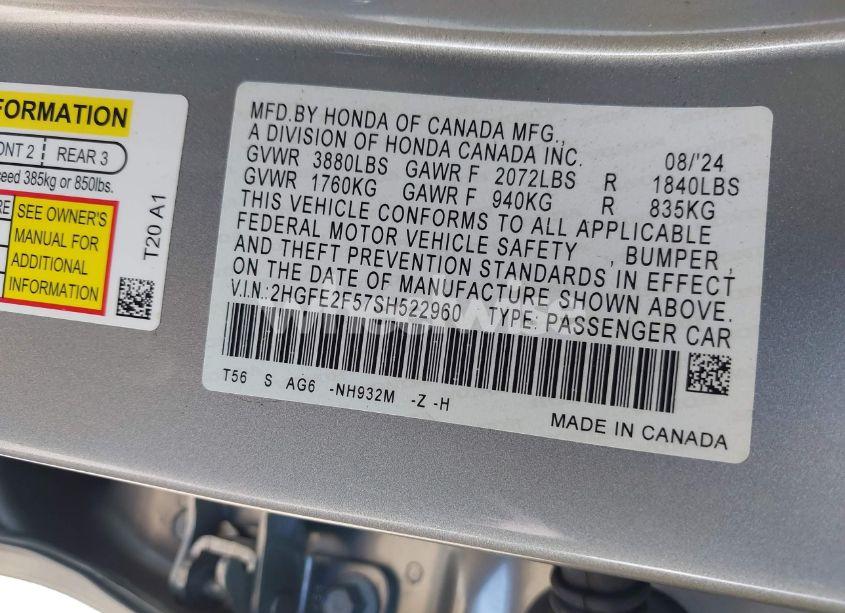 Photo 9 of 2025 Honda Civic SPORT (VIN 2HGFE2F57SH522960)
