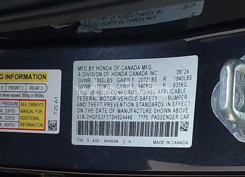 Photo 9 of 2025 Honda Civic SPORT (VIN 2HGFE2F57SH524448)