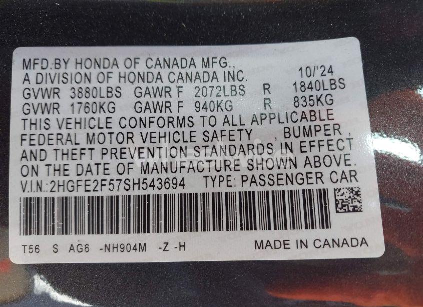 Photo 9 of 2025 Honda Civic SPORT (VIN 2HGFE2F57SH543694)