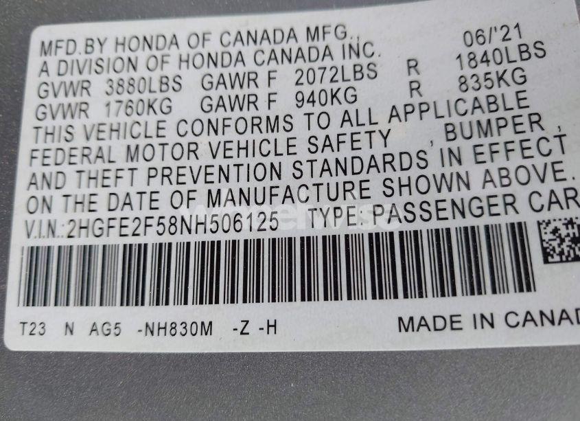 Photo 9 of 2022 Honda Civic SPORT (VIN 2HGFE2F58NH506125)