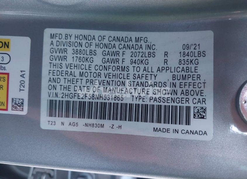 Photo 9 of 2022 Honda Civic SPORT (VIN 2HGFE2F58NH531865)