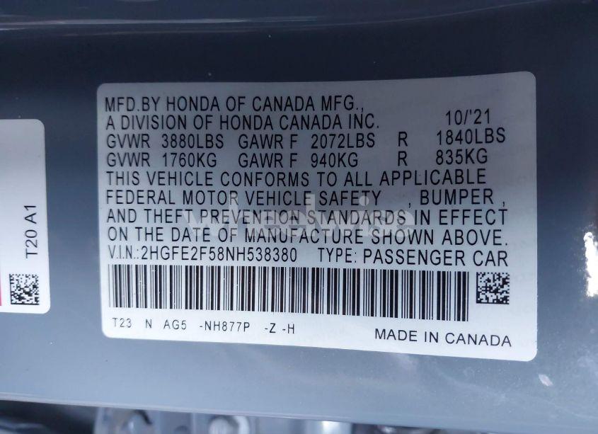 Photo 9 of 2022 Honda Civic SPORT (VIN 2HGFE2F58NH538380)