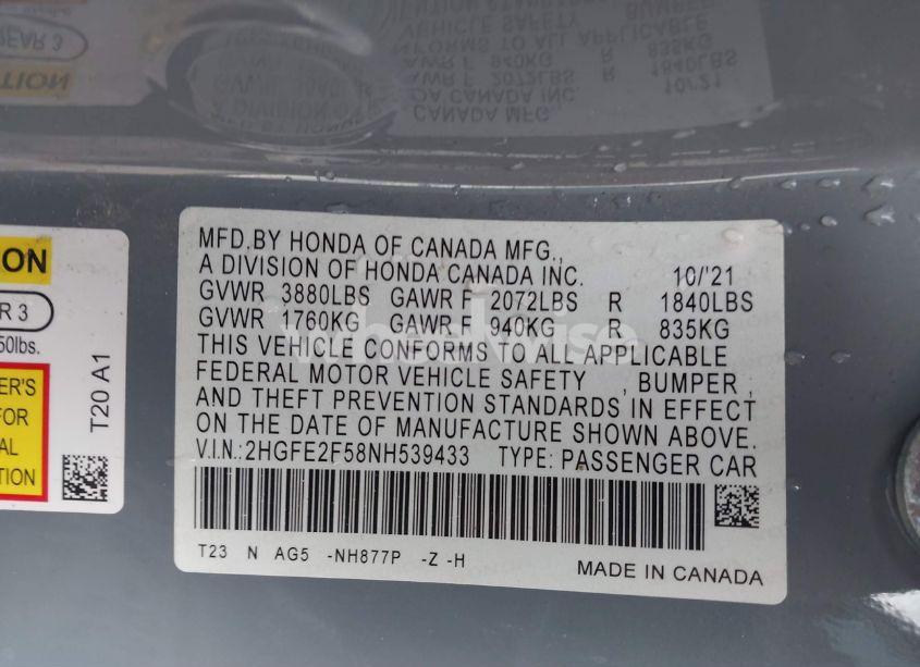 Photo 9 of 2022 Honda Civic SPORT (VIN 2HGFE2F58NH539433)