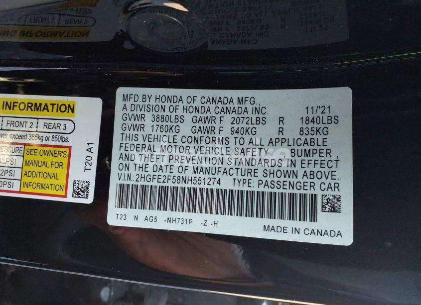 Photo 9 of 2022 Honda Civic SPORT (VIN 2HGFE2F58NH551274)