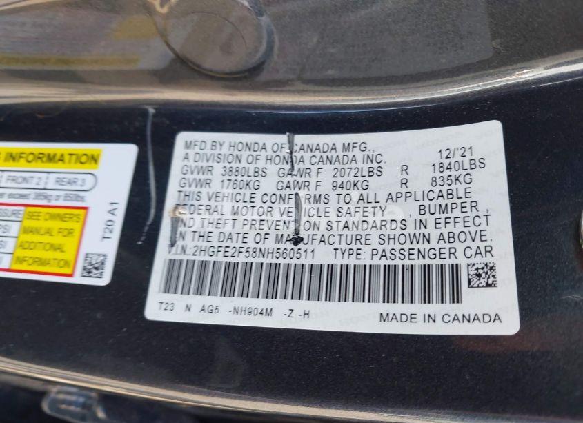 Photo 9 of 2022 Honda Civic SPORT (VIN 2HGFE2F58NH560511)