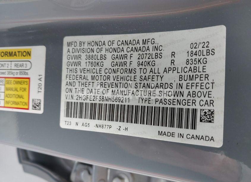 Photo 9 of 2022 Honda Civic SPORT (VIN 2HGFE2F58NH569211)