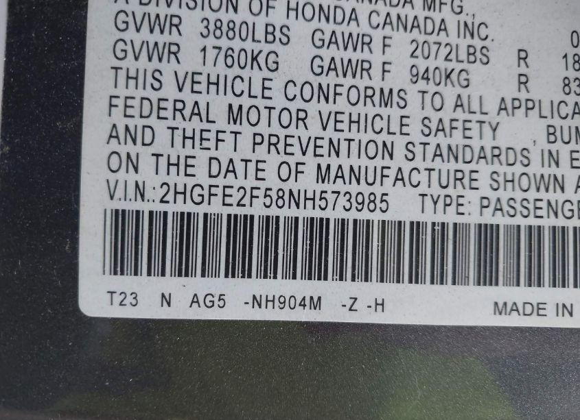 Photo 9 of 2022 Honda Civic SPORT (VIN 2HGFE2F58NH573985)