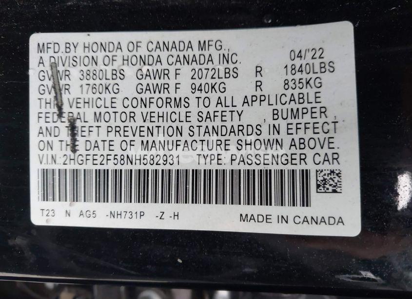 Photo 9 of 2022 Honda Civic SPORT (VIN 2HGFE2F58NH582931)