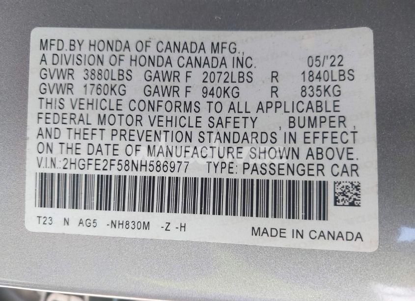 Photo 9 of 2022 Honda Civic SPORT (VIN 2HGFE2F58NH586977)