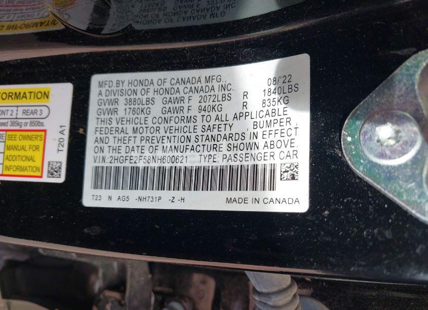 Photo 9 of 2022 Honda Civic SPORT (VIN 2HGFE2F58NH600621)