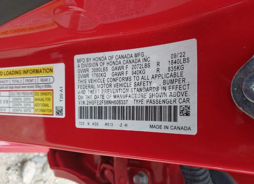 Photo 9 of 2022 Honda Civic SPORT (VIN 2HGFE2F58NH606337)