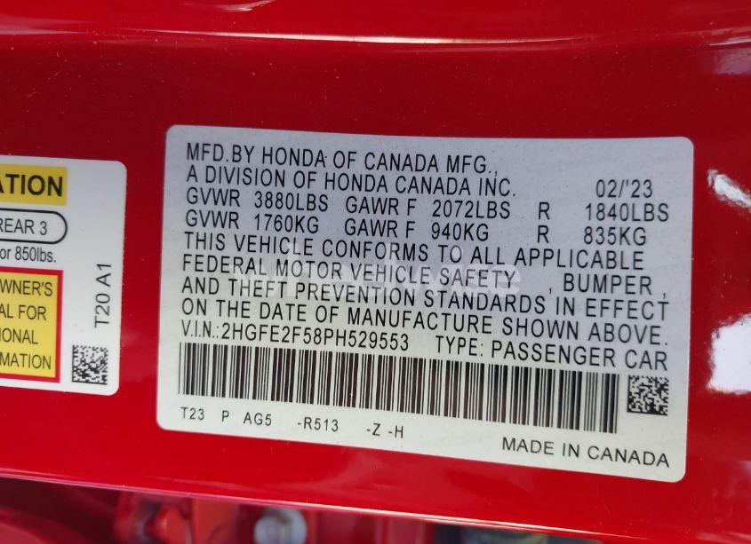 Photo 9 of 2023 Honda Civic SPORT (VIN 2HGFE2F58PH529553)